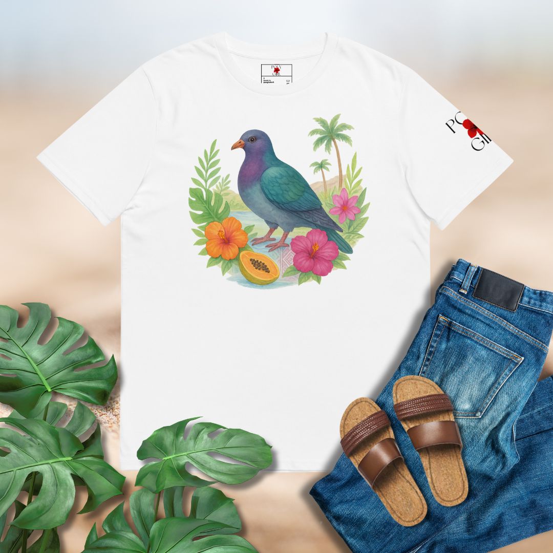 White t-shirt with a colorful pigeon design, paired with jeans and sandals on a light background by Poly Girl