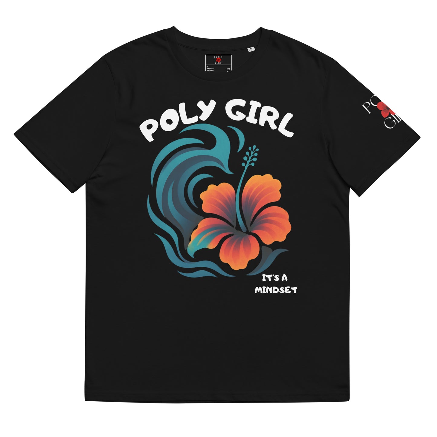 Poly Girl organic cotton t-shirt with bold hibiscus flower and ocean wave design.
