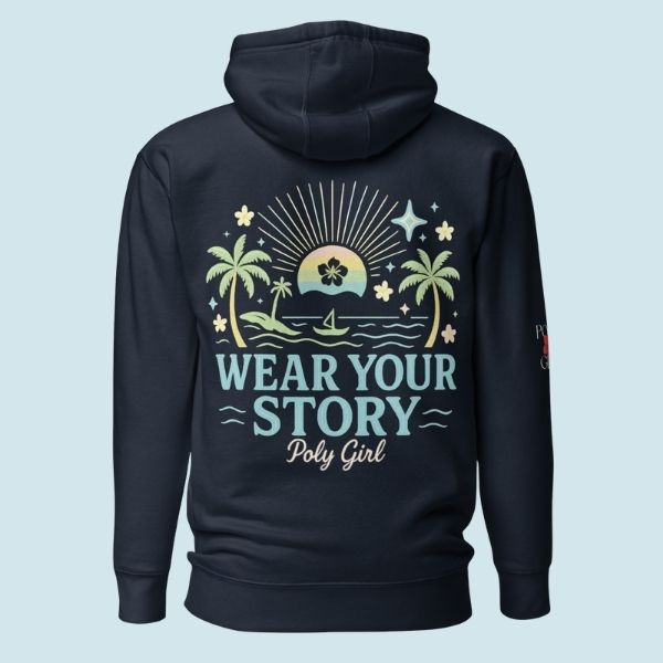 Wear Your Story hoodie by Poly Girl featuring palms, pua flowers, and ocean sunrise