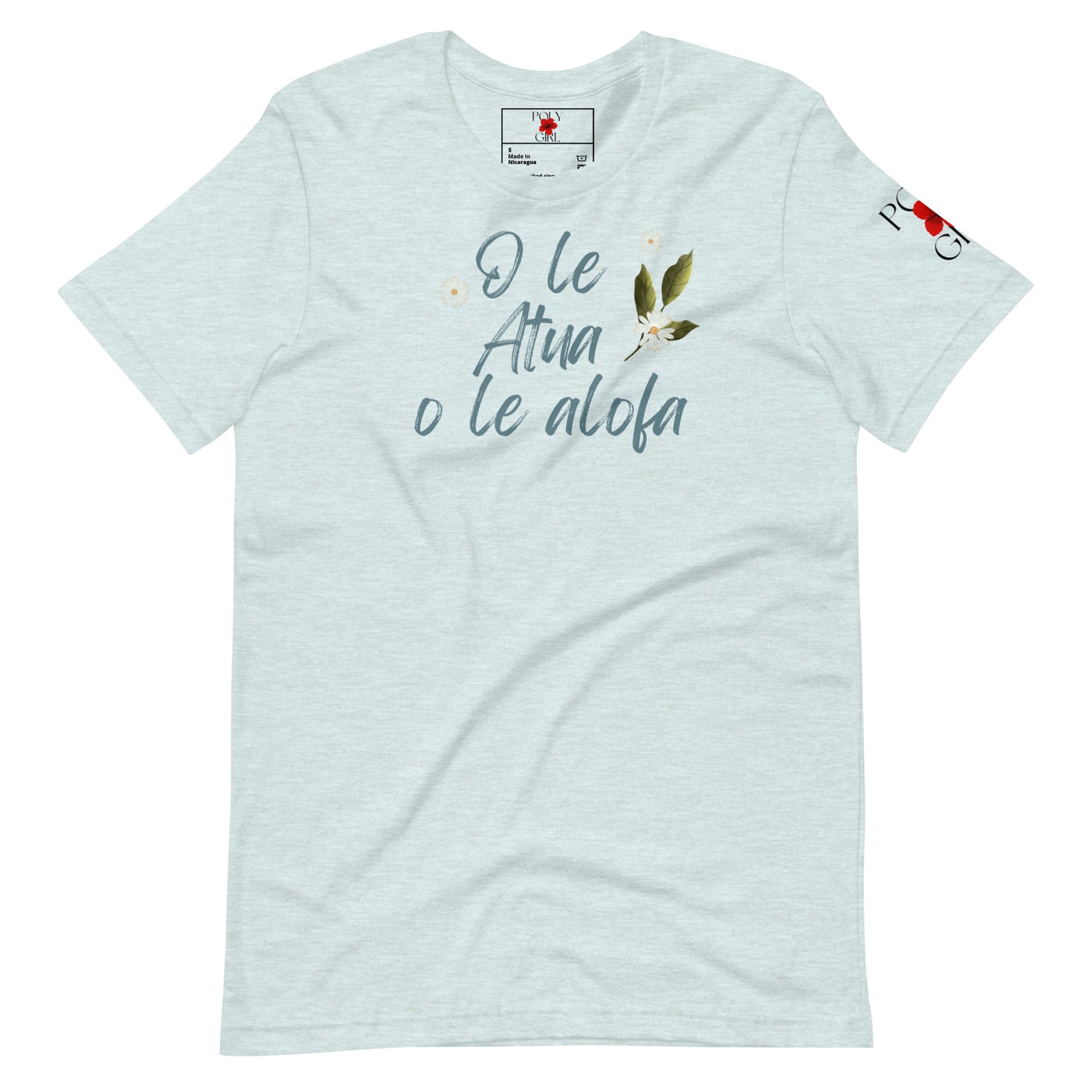 O le Atua o le alofa written on light green and blue t-shirt by Poly Girl