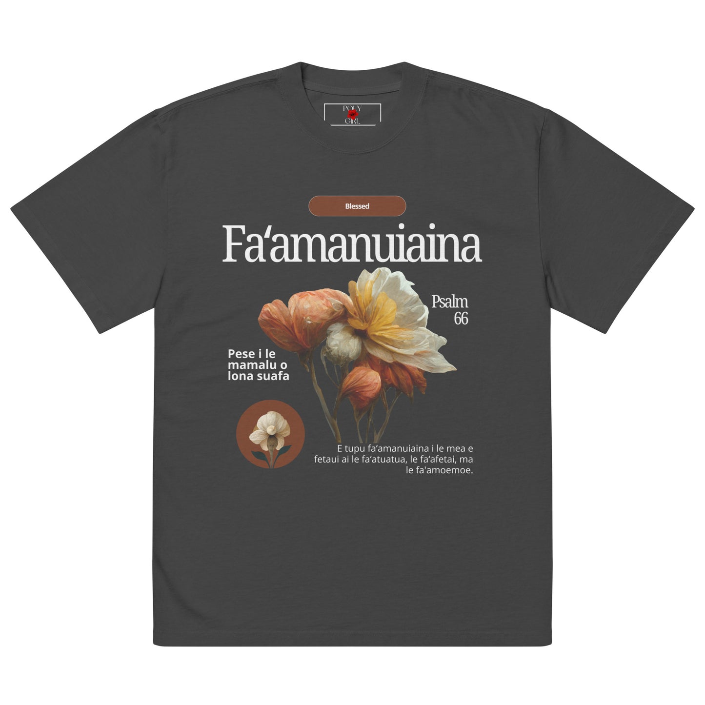 Oversized Faded Black Color T-shirt by Poly Girl with Fa'amanuiaina design on front