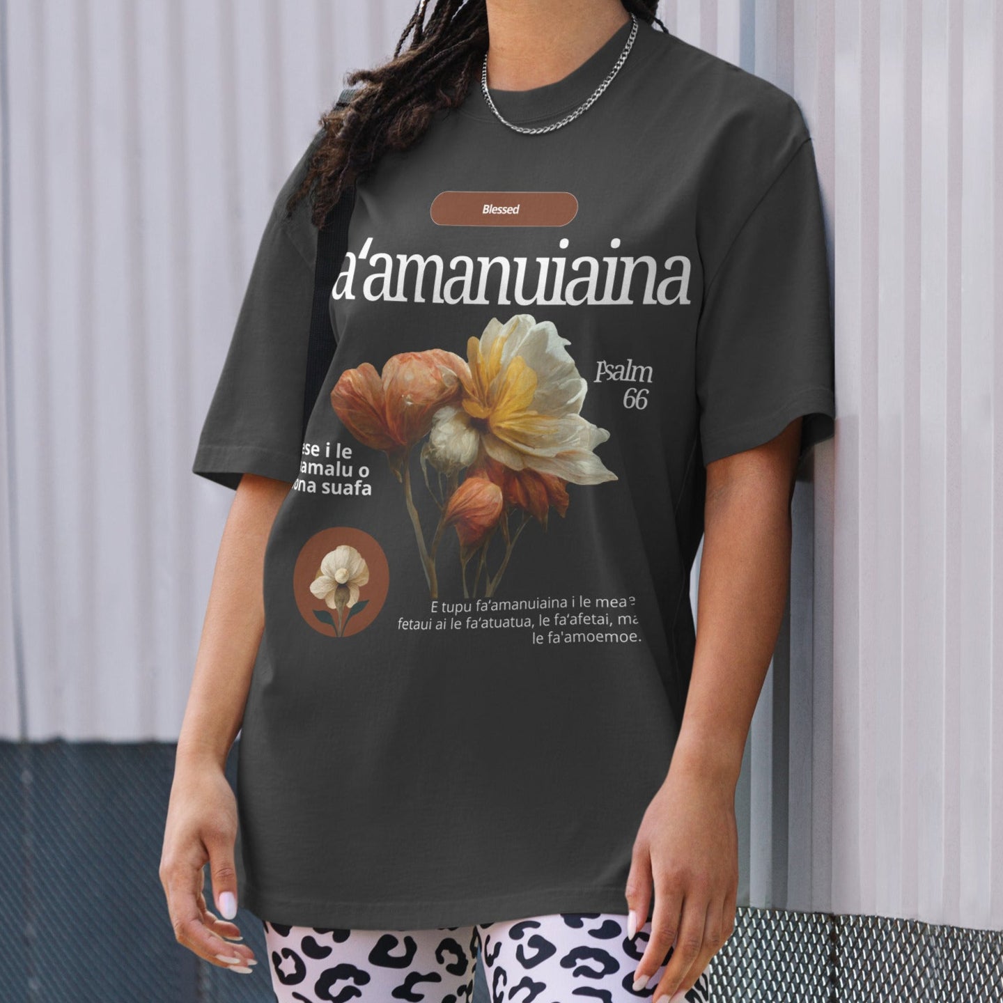 Oversized Faded Bone Color T-shirt by Poly Girl with Fa'amanuiaina design on front_ On Model View