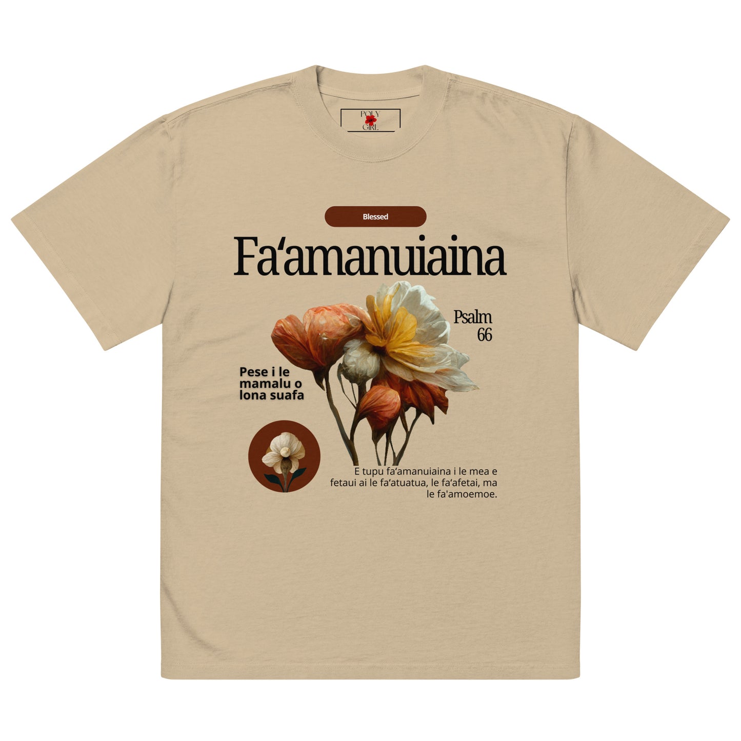 Oversized Faded Khaki T-shirt by Poly Girl with Fa'amanuiaina design on front