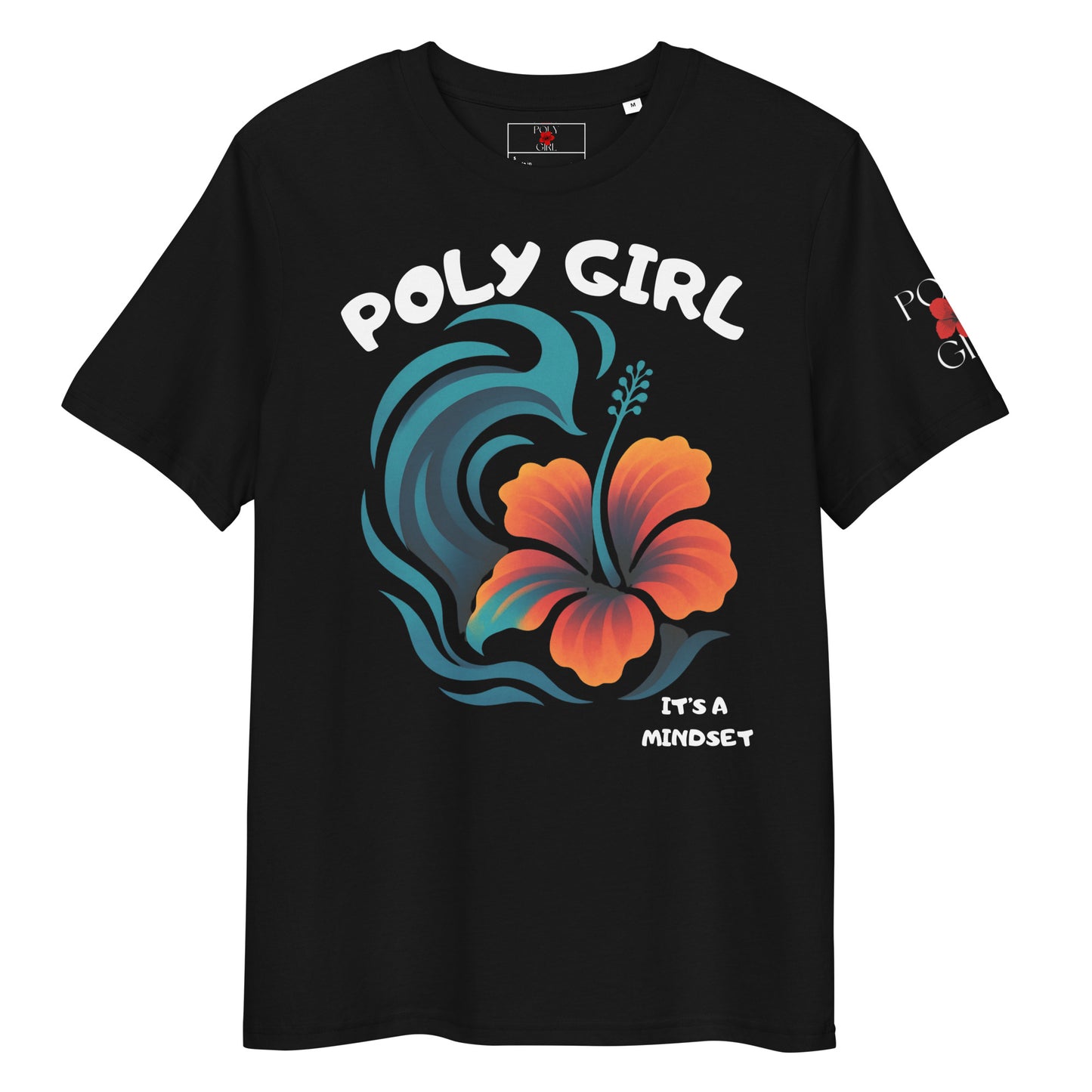 Pacific Island inspired women’s tee with hibiscus and wave graphic, “It’s A Mindset” slogan.