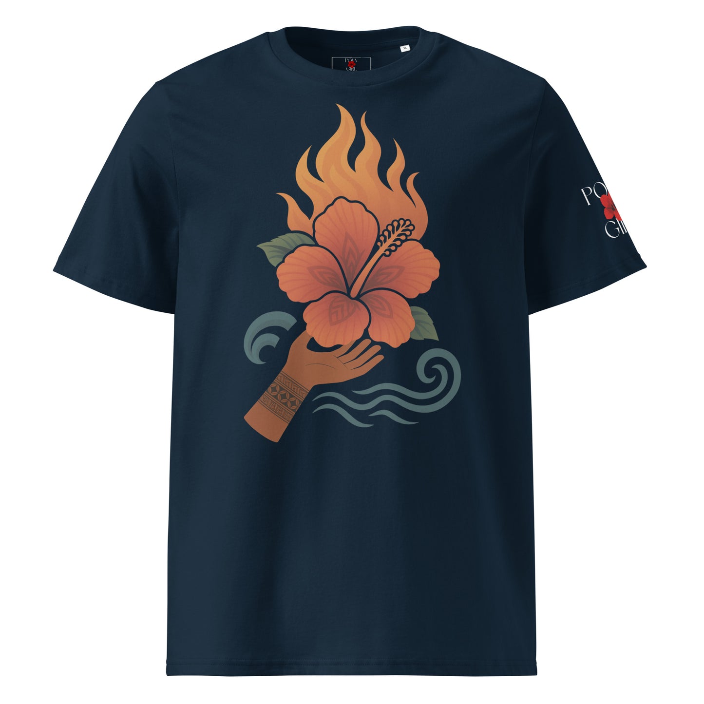 Poly Girl Carry Potential Tee with tattooed hand lifting hibiscus flame and waves.