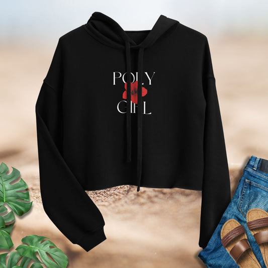 Black hoodie with 'Poly Girl' text and red design on a neutral background