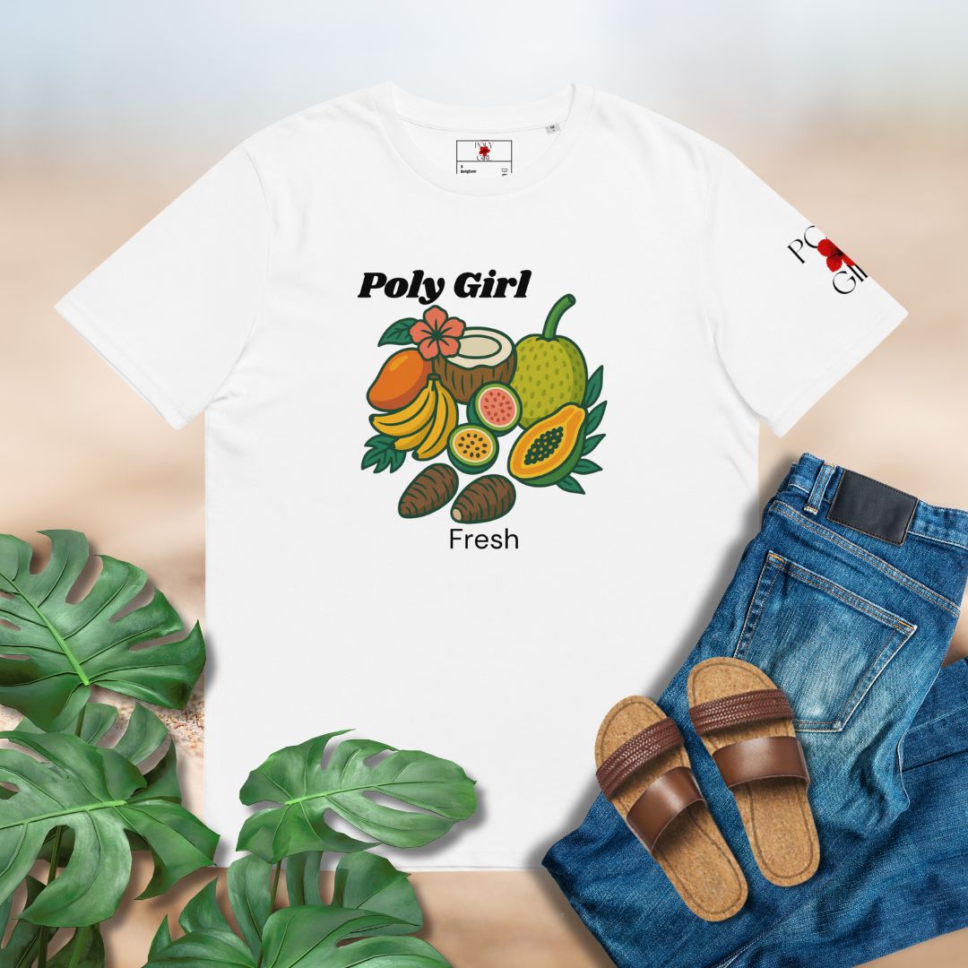 White t-shirt with fruit graphic and 'Poly Girl' text, paired with jeans and sandals on a light background.