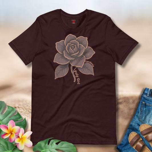 Minimalist Poly Girl tee inspired by the Pacific gardenia symbolizing love and grace.