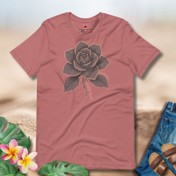 Poly Girl Gardenia Tee featuring soft gray gardenia flower design on black.