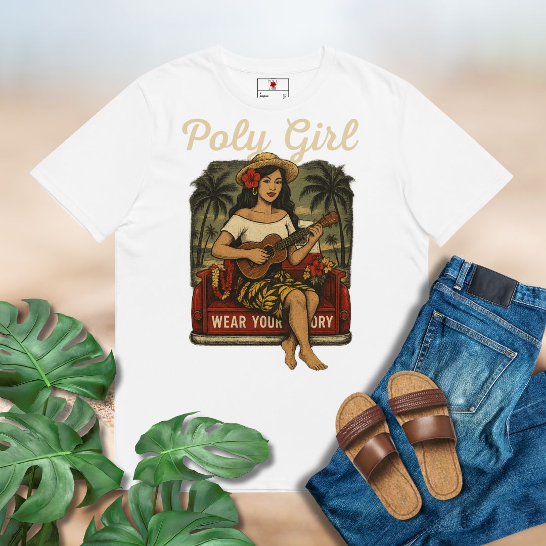 White t-shirt with a graphic of a woman playing a ukulele and text 'Poly Girl Wear Your Story' on a white background.