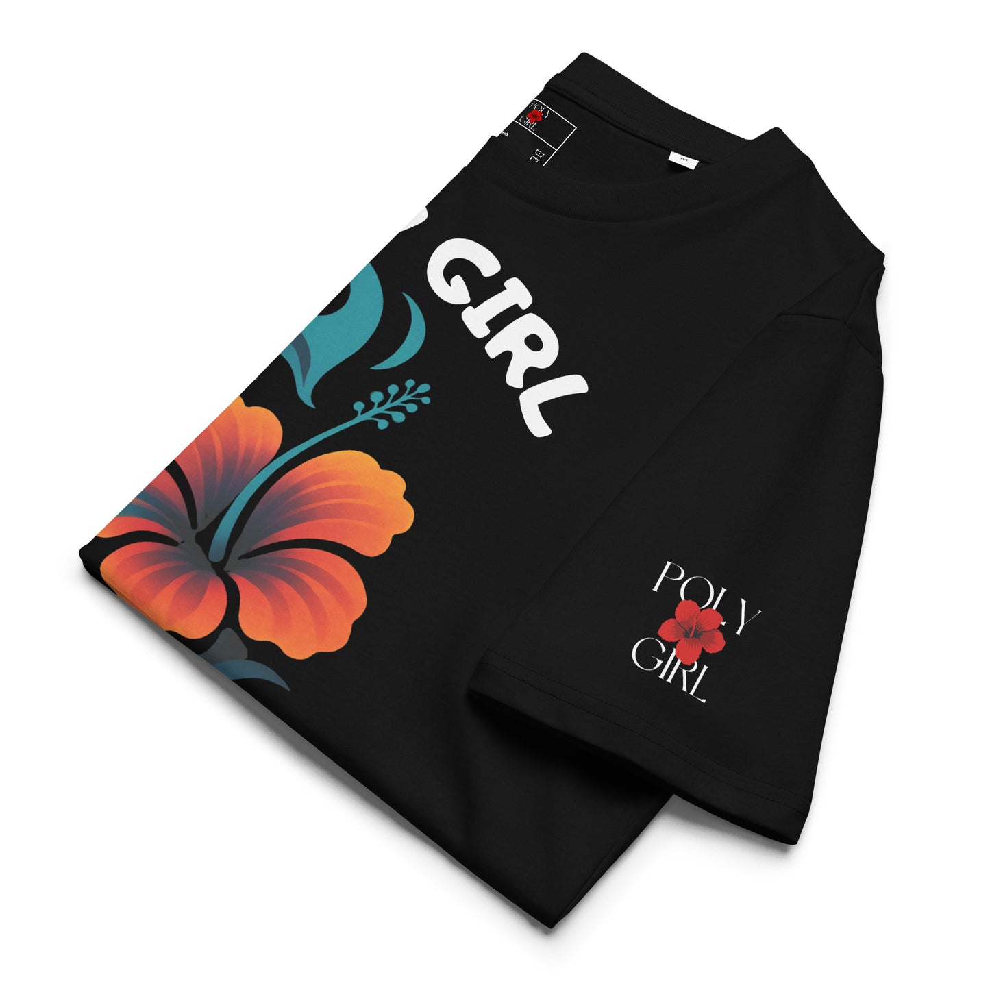 Poly Girl Wave & Hibiscus organic cotton tee symbolizing strength, movement, and culture.