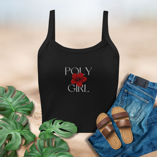 Black tank top with 'Poly Girl' design, paired with jeans and sandals on a neutral background.