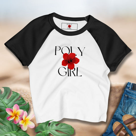 Poly Girl logo crop tee with red hibiscus and black sleeves