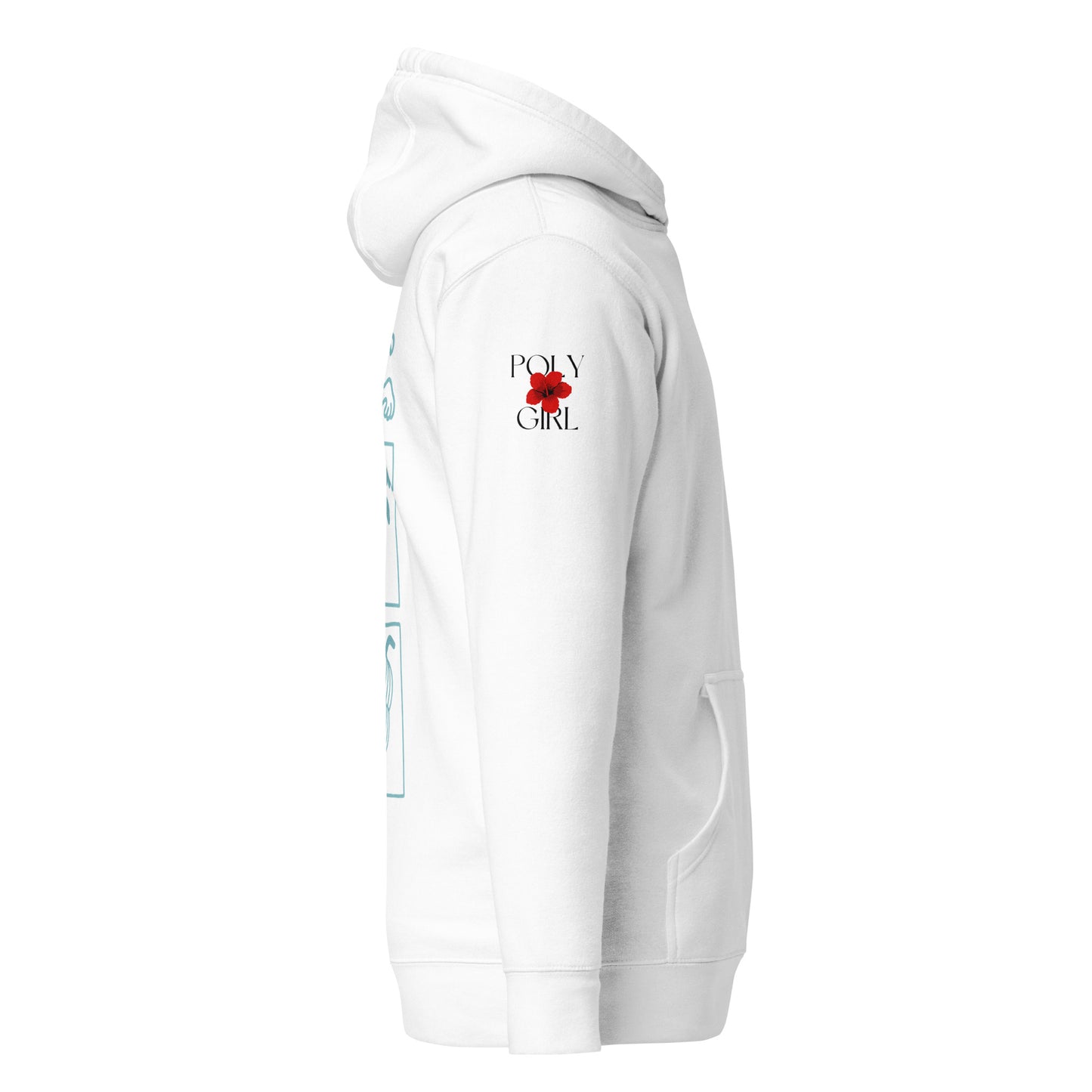 Poly Girl logo on Pacific-inspired hoodie with Fijian cultural motifs and classic pouch pocket