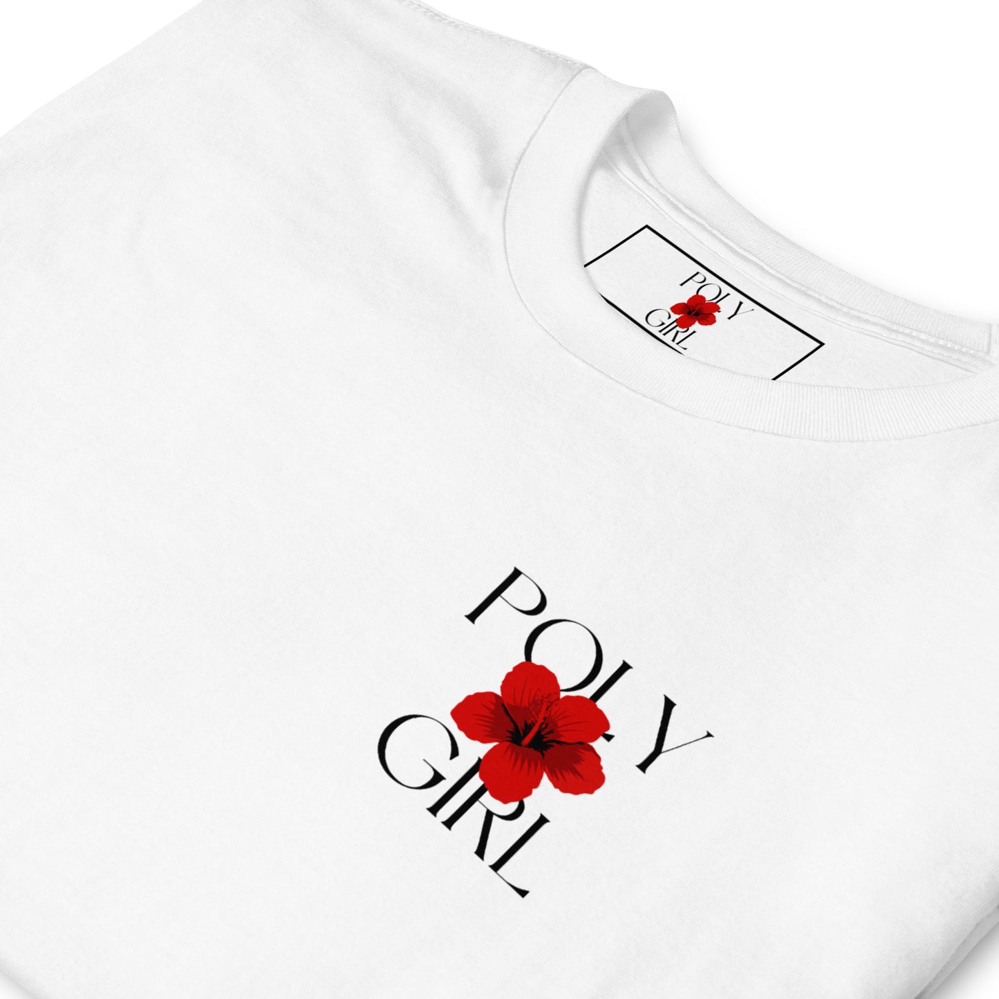 White t-shirt with 'Poly Girl' and red floral design on a white background. Polynesian and Pacific Island inspired brand design.