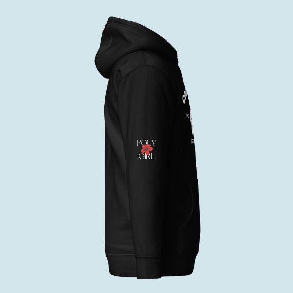 Poly Girl logo on sleeve on Cook Islands hoodie