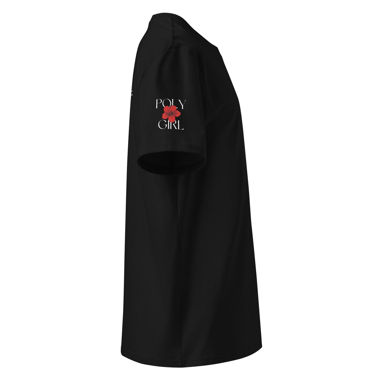 Side view of Poly Girl black tshirt with logo on right sleeve