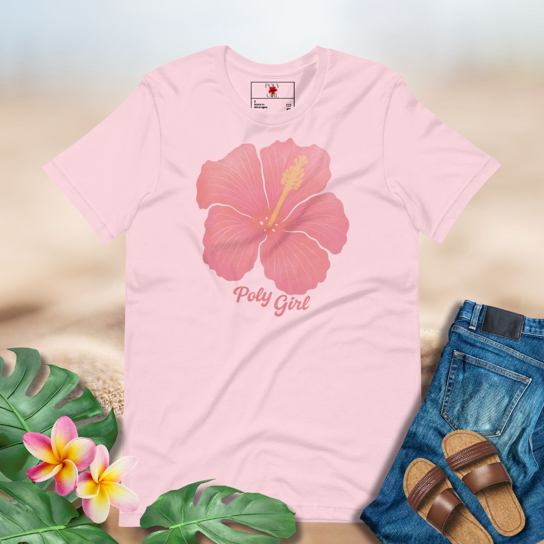 Poly Girl tee featuring tropical hibiscus design in pink