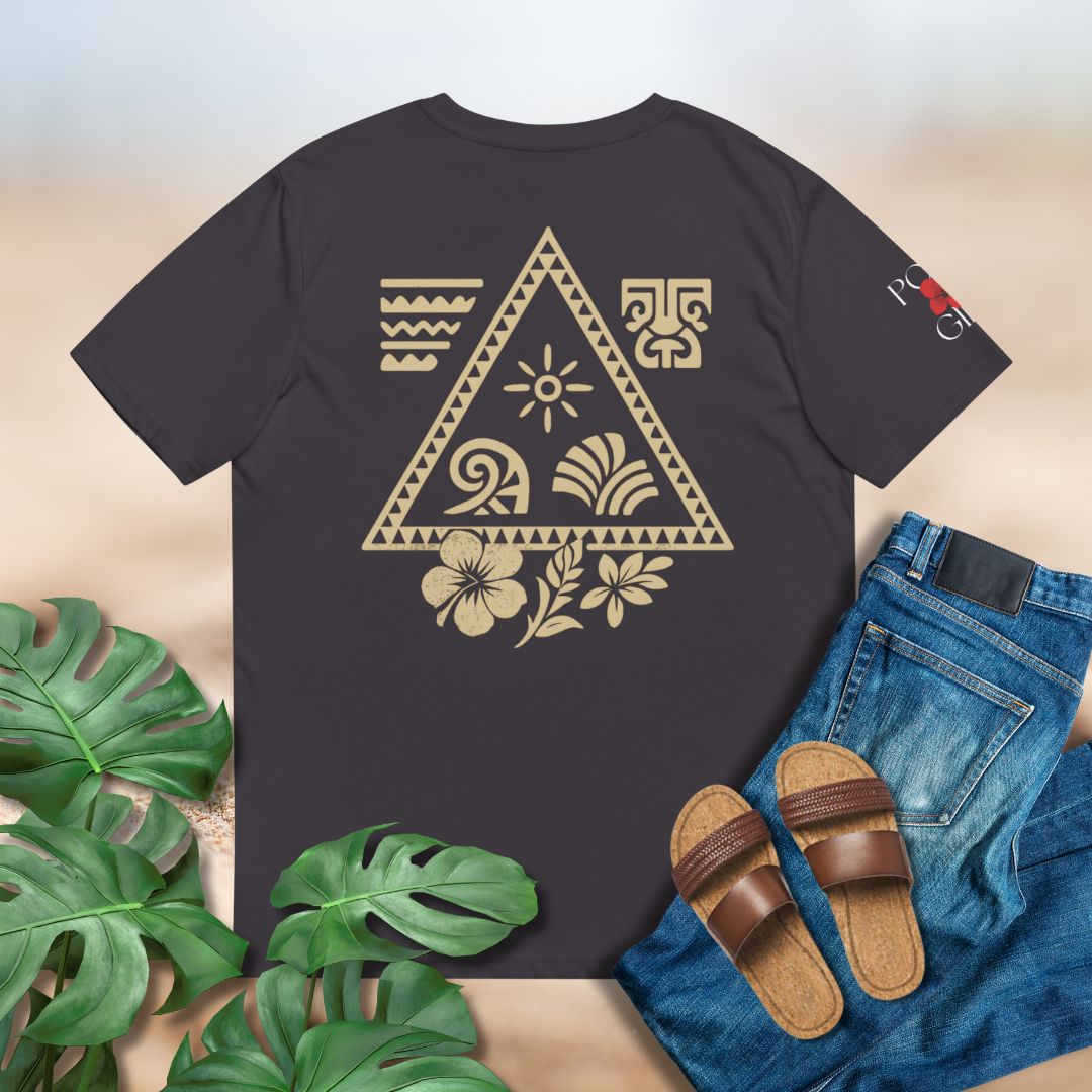 Polynesian triangle motifs printed on back of gray tshirt