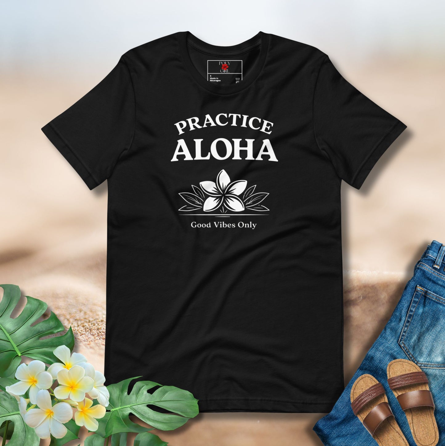 Practice Aloha with pua design on black shirt by Poly Girl