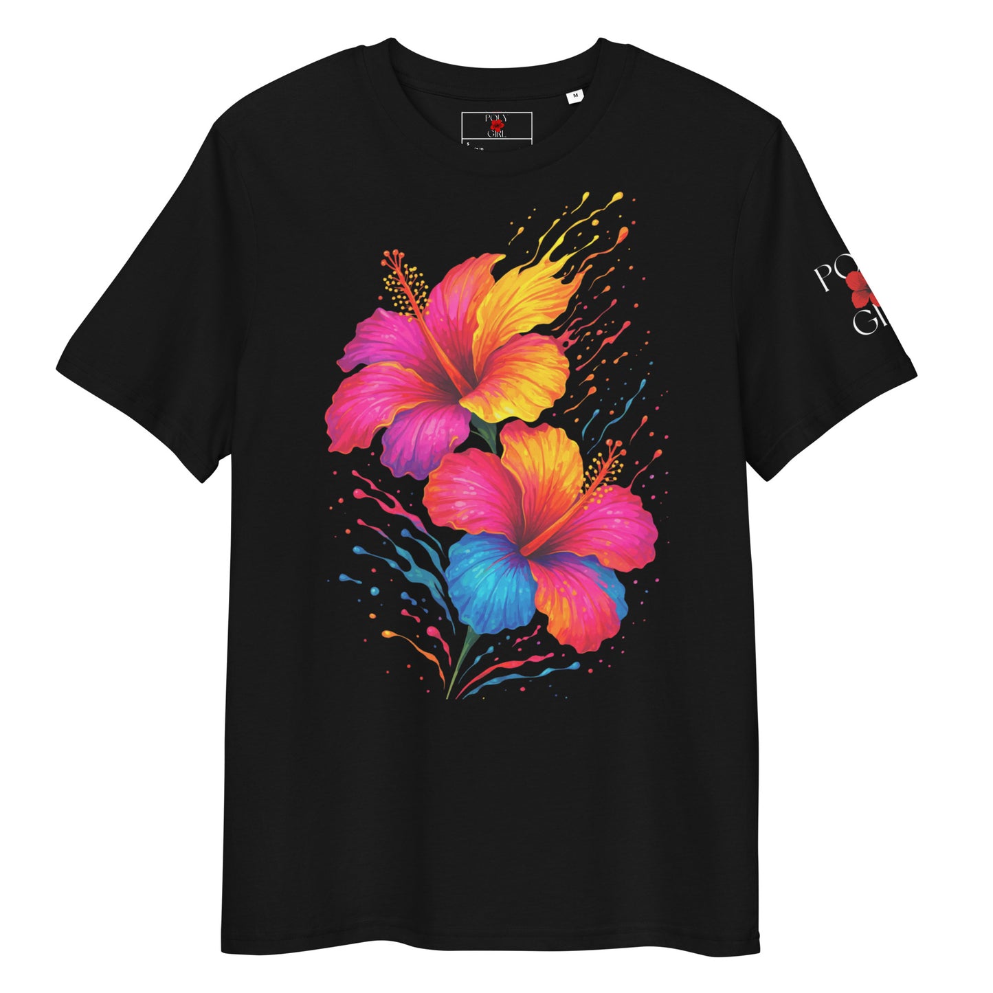 Vibrant hibiscus blooms in fiery tropical colors stand out against a black background on this Poly Girl tee.