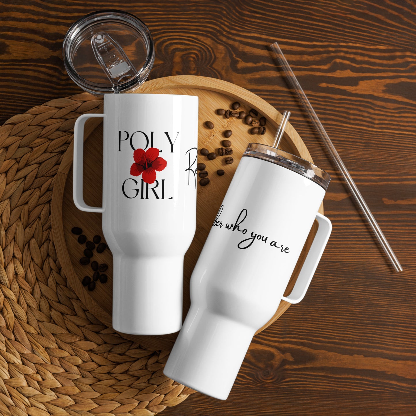 40oz travel mug with Poly Girl logo and words Remember Who You Are