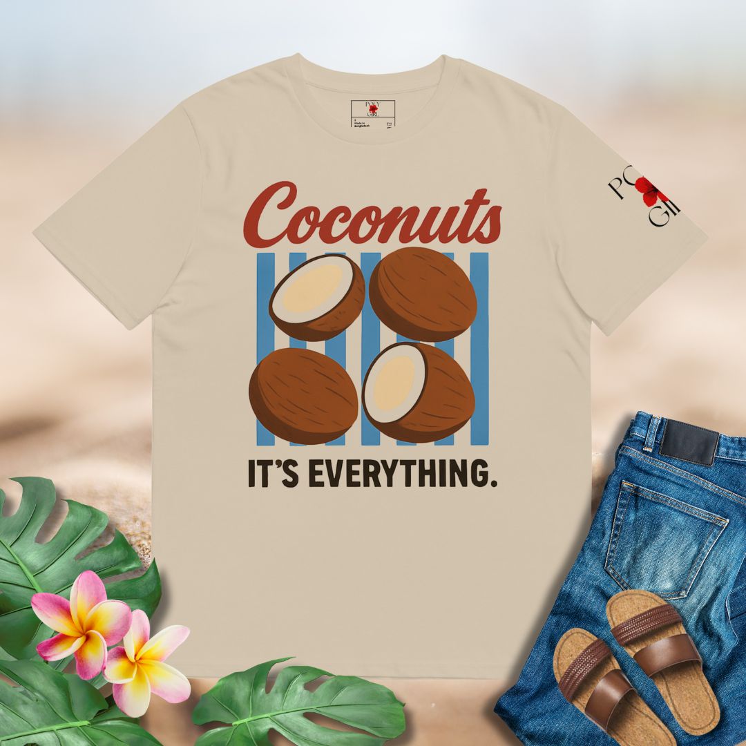 Beige t-shirt with coconut graphic and text 'Coconuts It's Everything' on a light background.