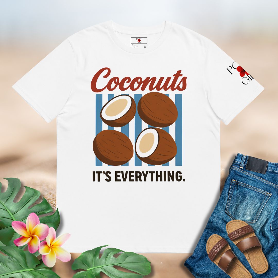 Retro island tee featuring coconut illustration and bold lettering