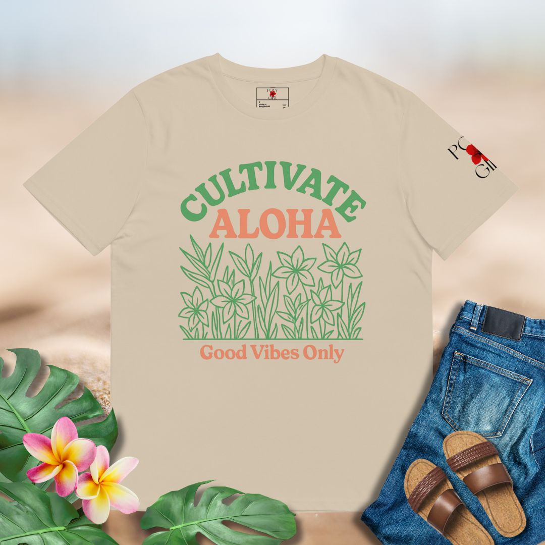 Retro island tee featuring floral greenery and aloha message
