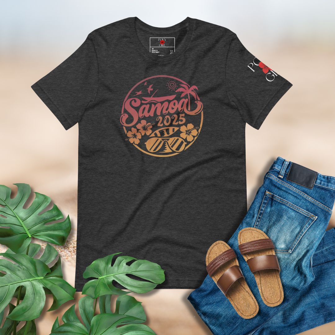 Black t-shirt with 'Samoa 2025' design, paired with jeans and sandals on a neutral background.