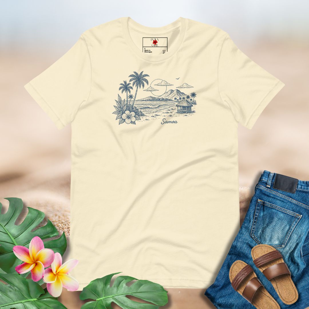 Graphic t-shirt featuring Samoan fale, tropical beach, and island landscape