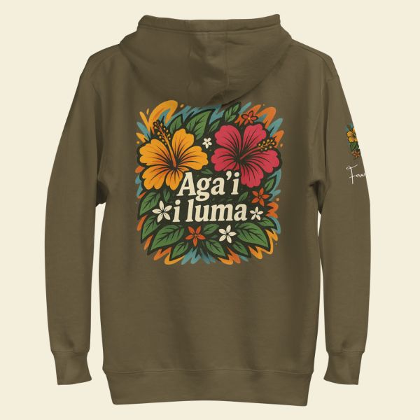 Green hoodie with floral design and Samoan text Aga'i i luma on the back against a beige background by Poly Girl