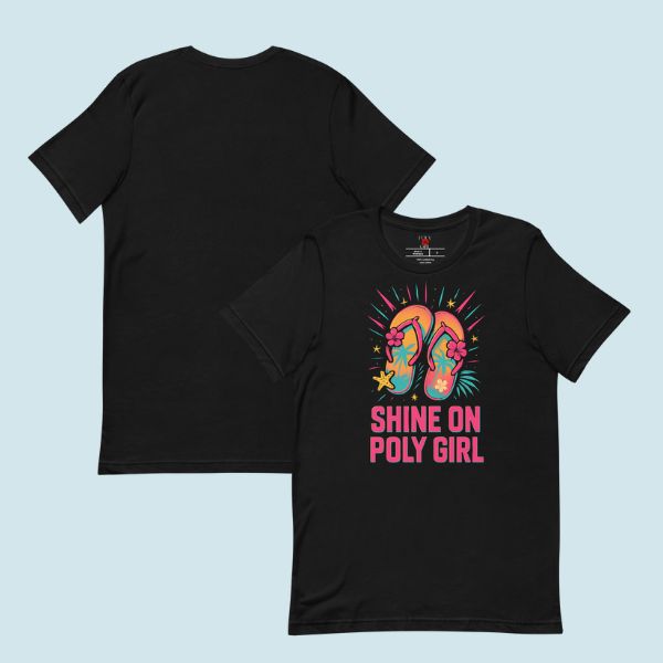 Black t-shirt with colorful graphic and 'Shine On Poly Girl' text on a light blue background