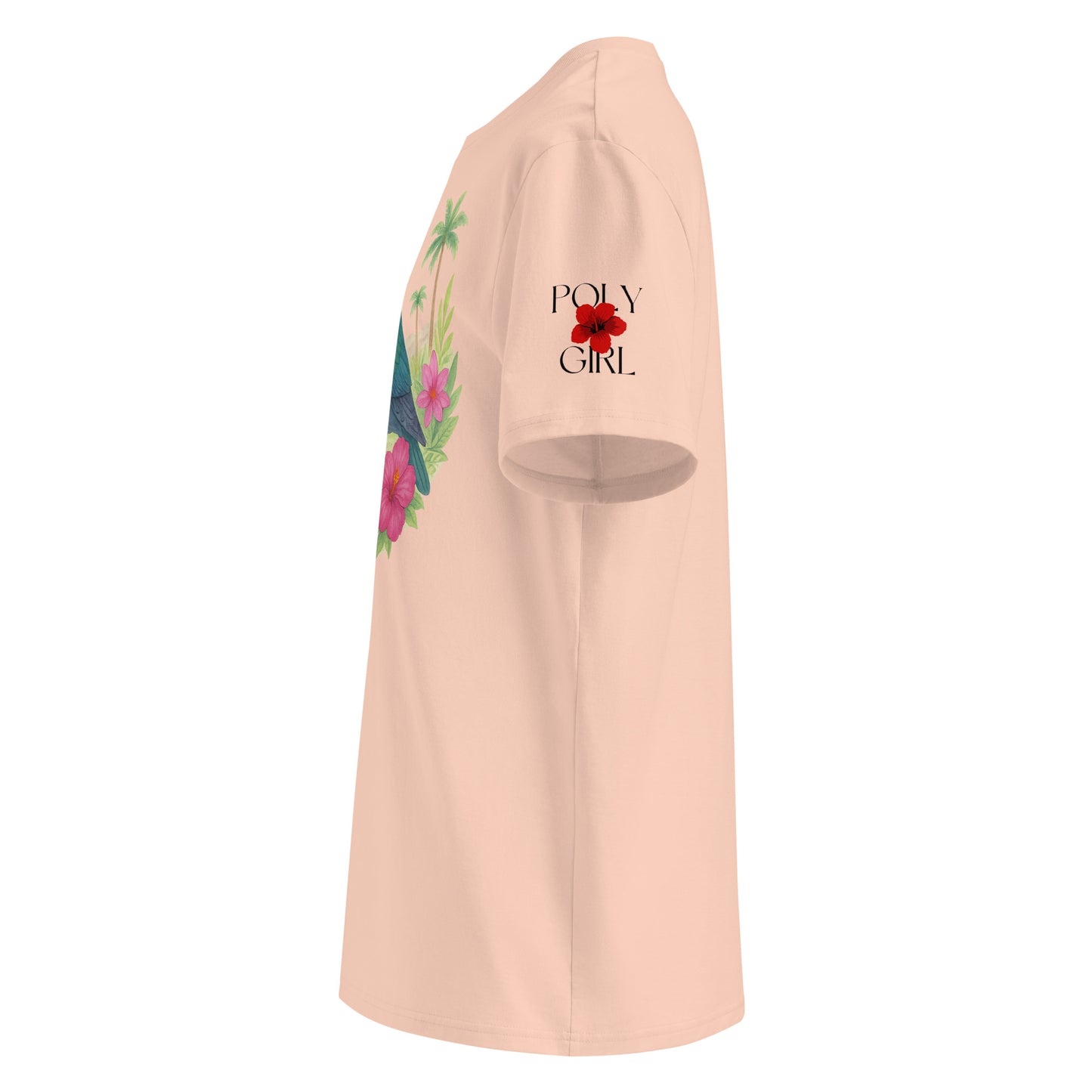 Side view of the pigeon’s colorful feathers and the vivid orange and pink hibiscus blossoms that highlight the design.