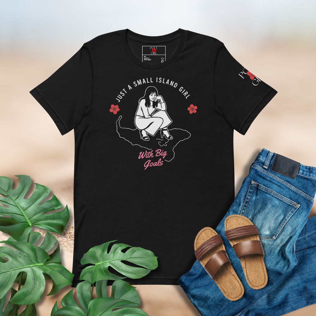 Black t-shirt with graphic design and text, paired with jeans and sandals on a neutral background.