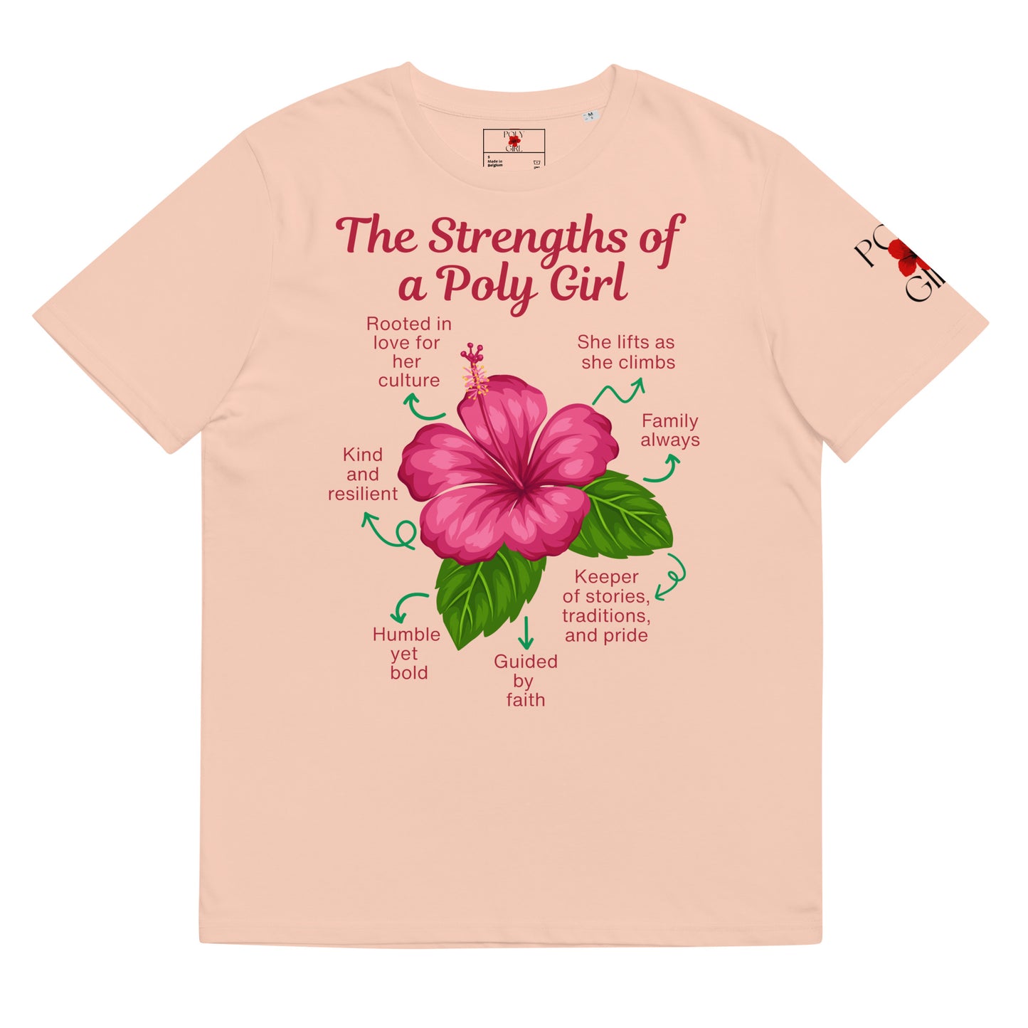 T-shirt with a pink flower graphic and text on a peach background with the text, Strengths of a Poly Girl