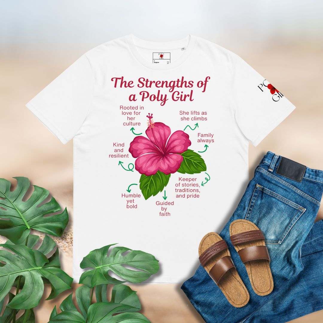 Ladies' white t-shirt with "Strengths of a Poly Girl" design