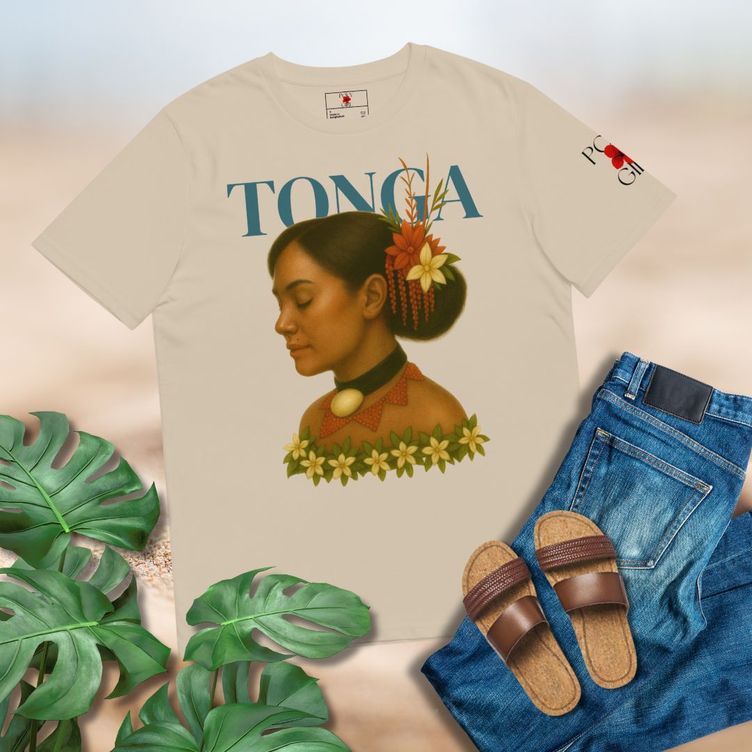 T-shirt with a design of a woman's face and 'Tonga' text, paired with jeans and sandals on a light background.