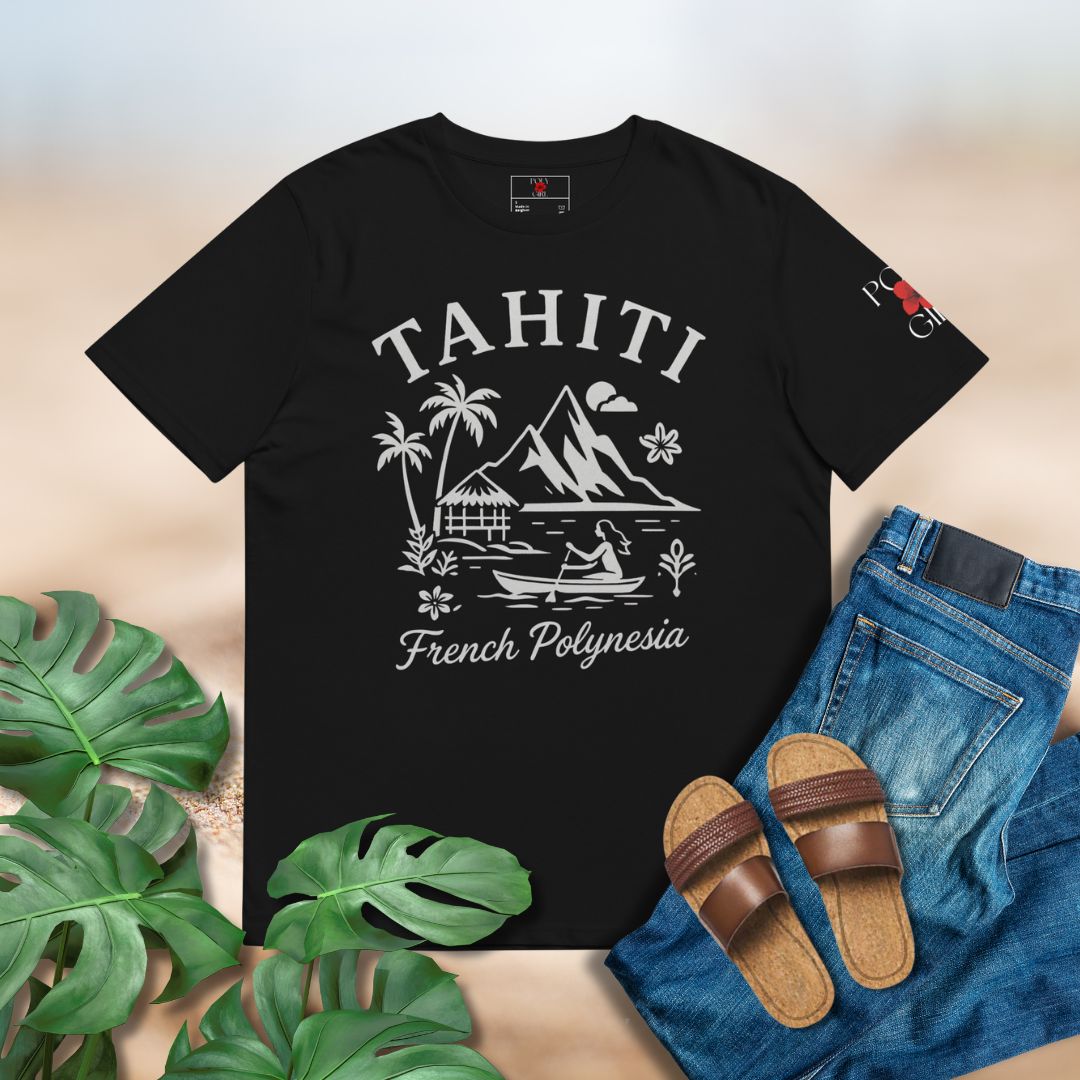 Black t-shirt with 'Tahiti French Polynesia' design, paired with jeans and sandals on a neutral background.