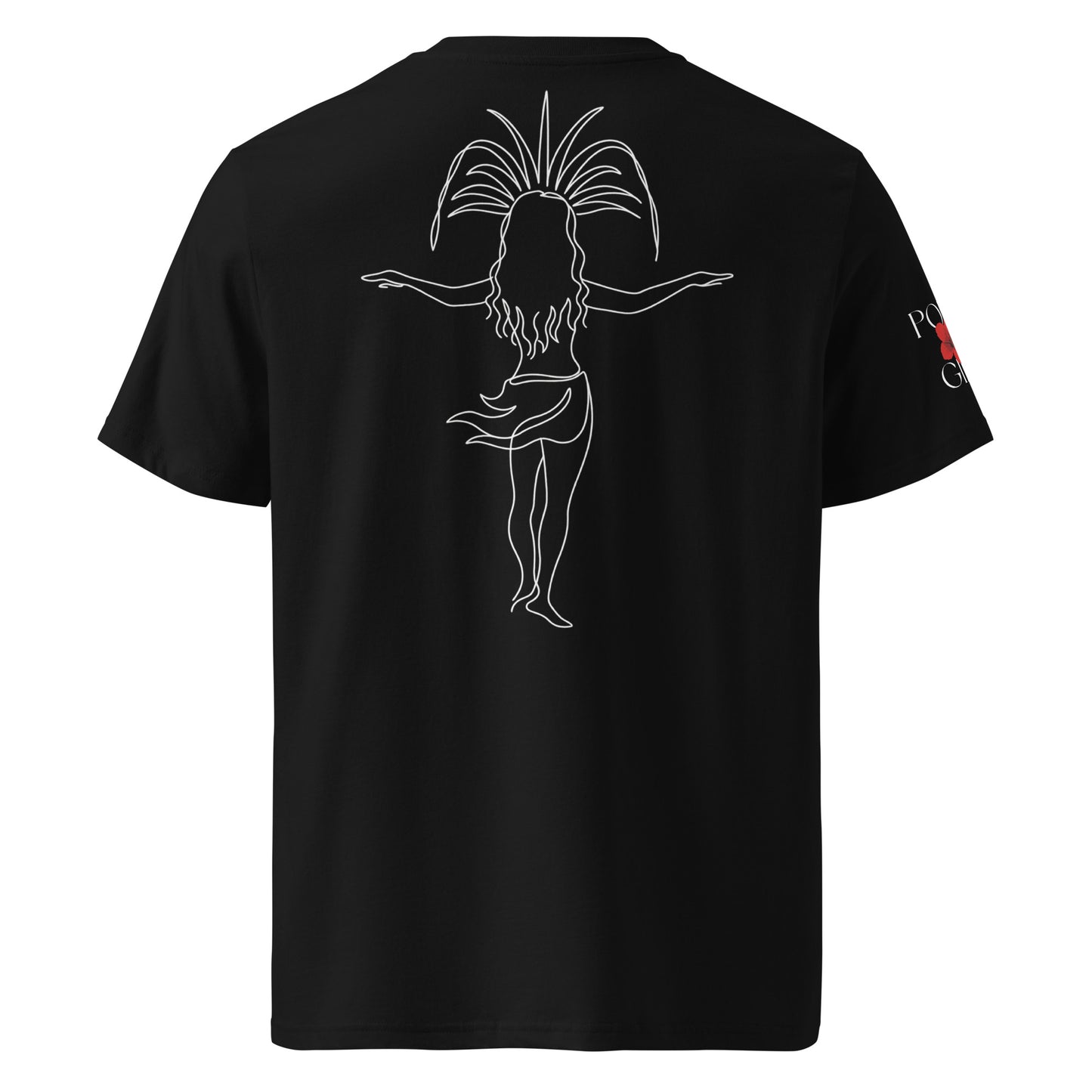 Black Tshirt with tahitian dancer line art graphics on back - made by Poly Girl
