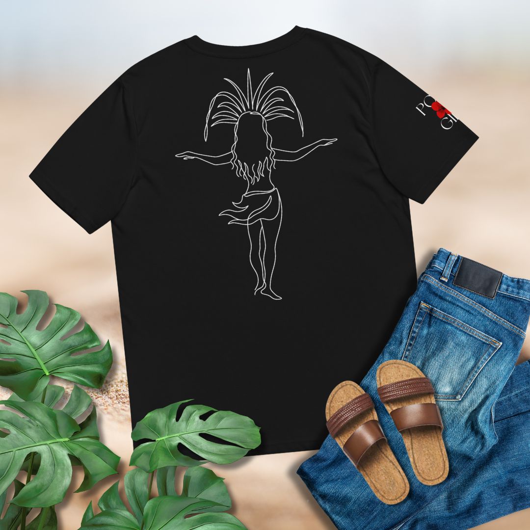 Black t-shirt with a white graphic design on a beige surface with jeans and sandals. White line images of a Tahitian dancer.