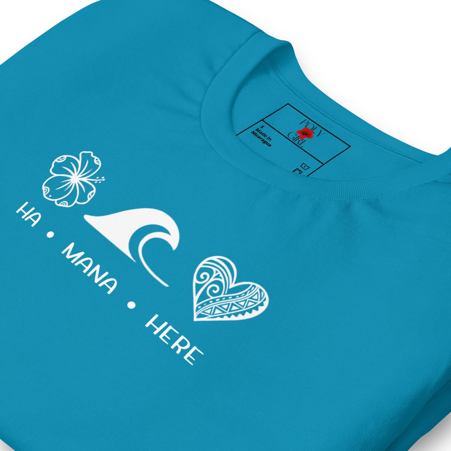 Teal Blue Tshirt with Tahitian Ha, Mana, Here, by Poly Girl, folded view