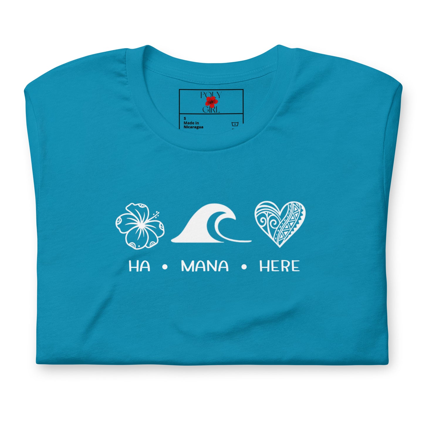 Teal Blue Tshirt with Tahitian Ha, Mana, Here, by Poly Girl, front view