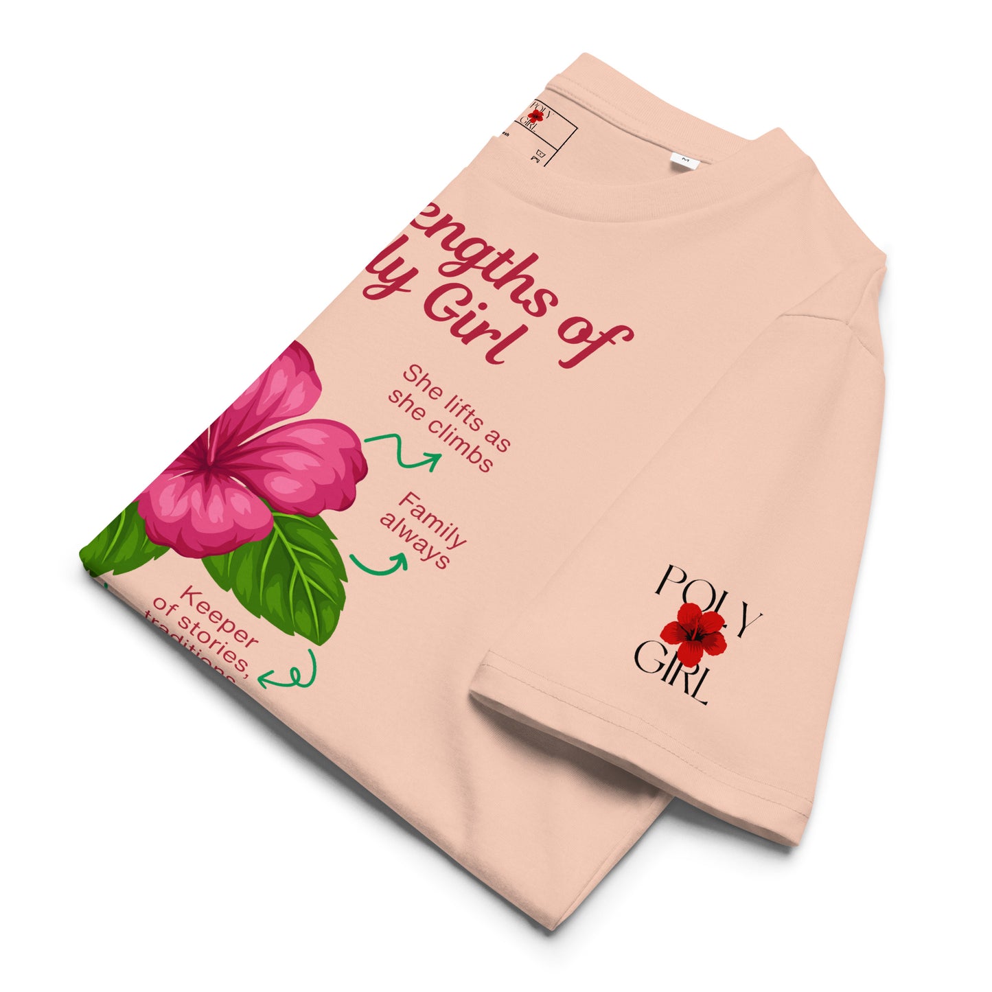 Pink T-shirt on Strengths of a Poly Girl folded with Poly Girl logo on left sleeve
