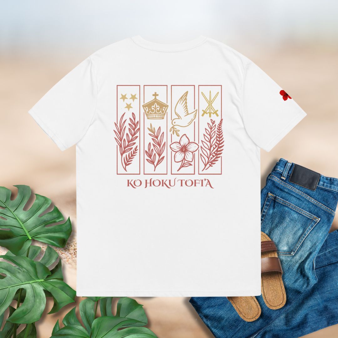 Poly Girl Ko Hoku Tofi’a heritage shirt in wgute with gold and red Tongan symbols – The Island Girl’s Brand cultural apparel.