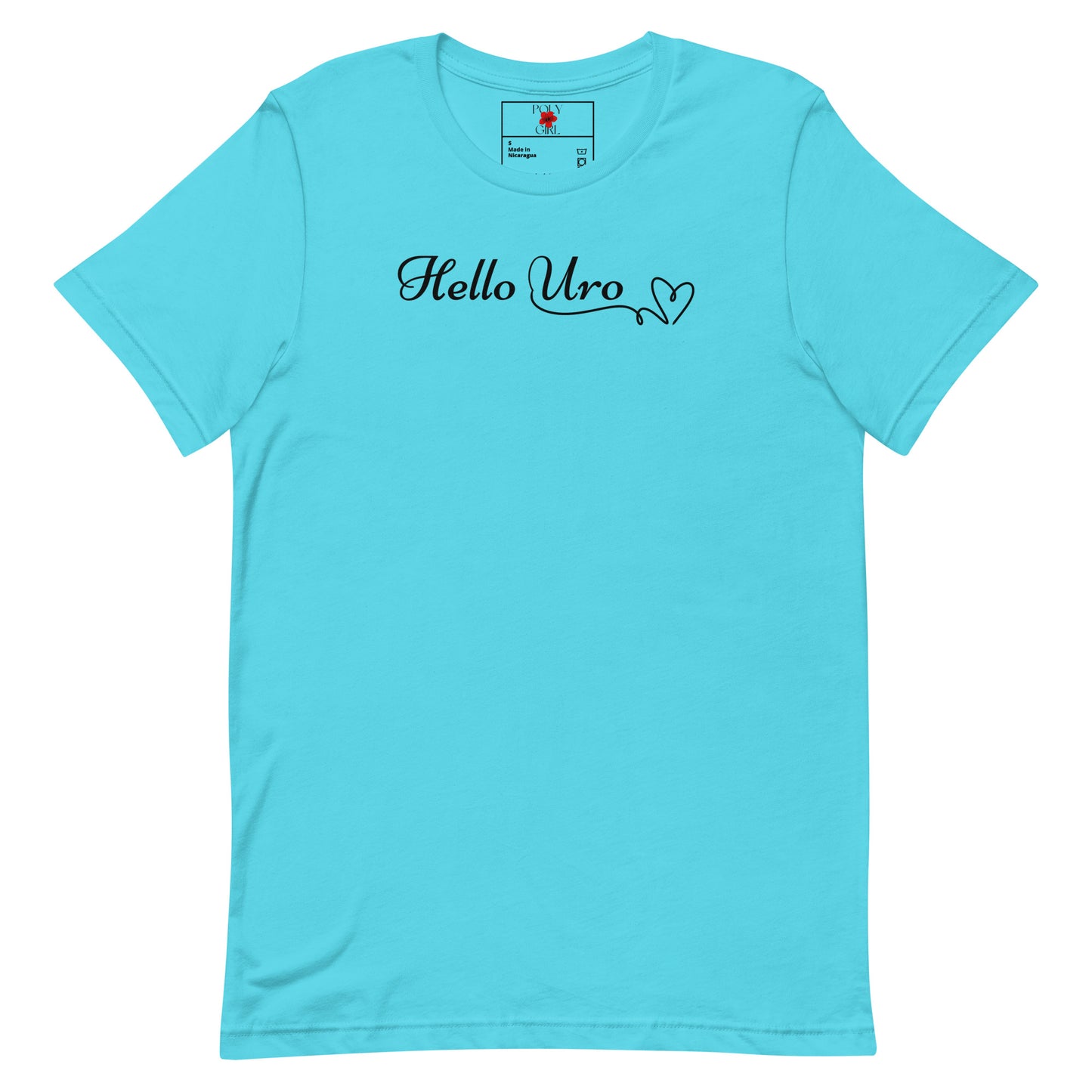 Turquoise t-shirt with 'Hello Uro' text on a white background