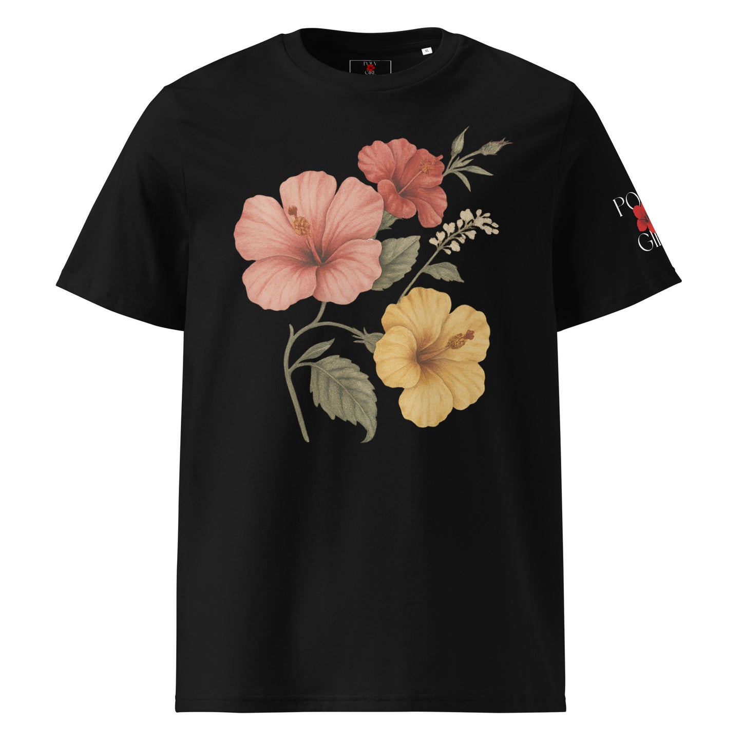 Poly Girl black t-shirt with colorful hibiscus bouquet design