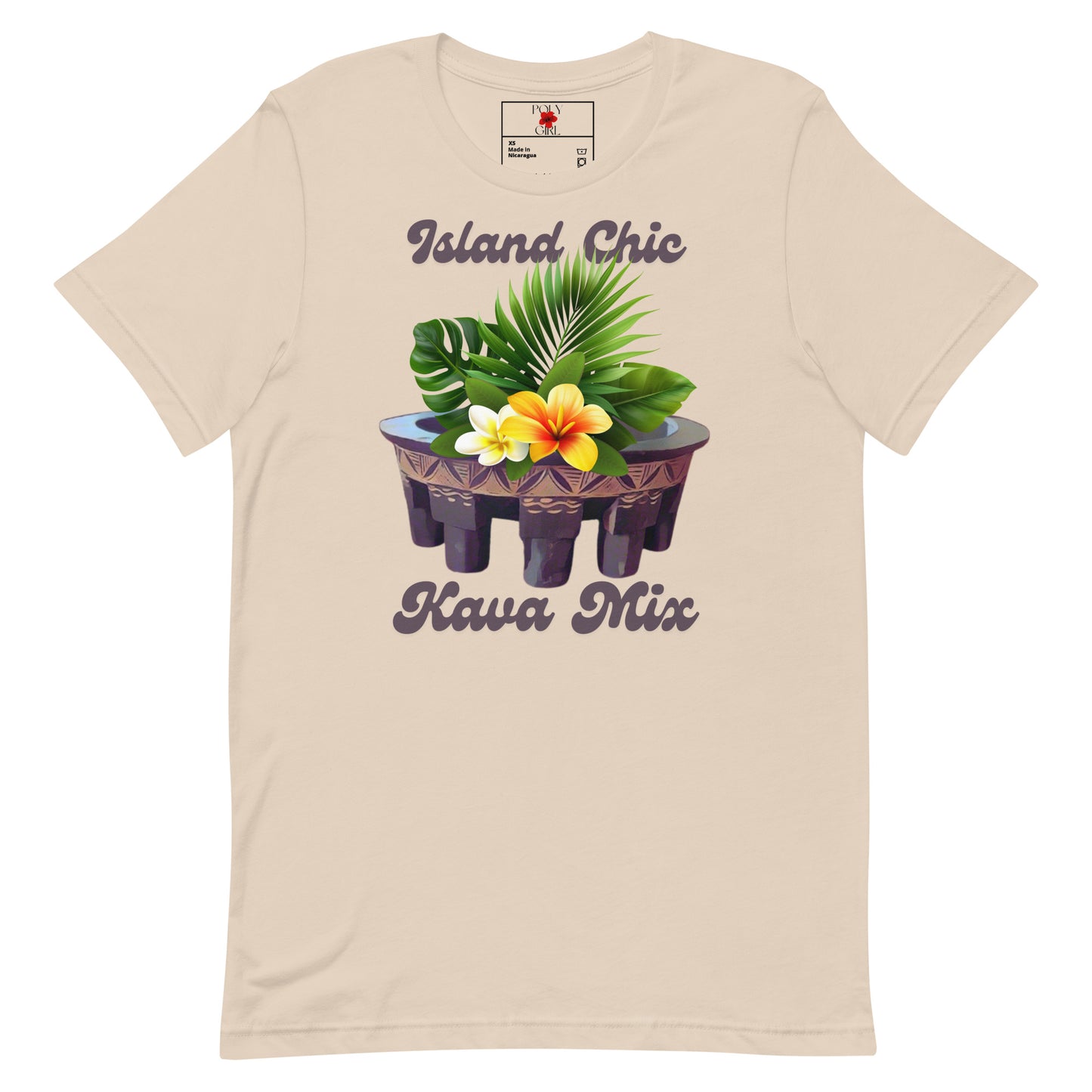 Unisex beige t-shirt with Poly Design of Island Chic, Kava Mix with kava bowl and tropical flowers.