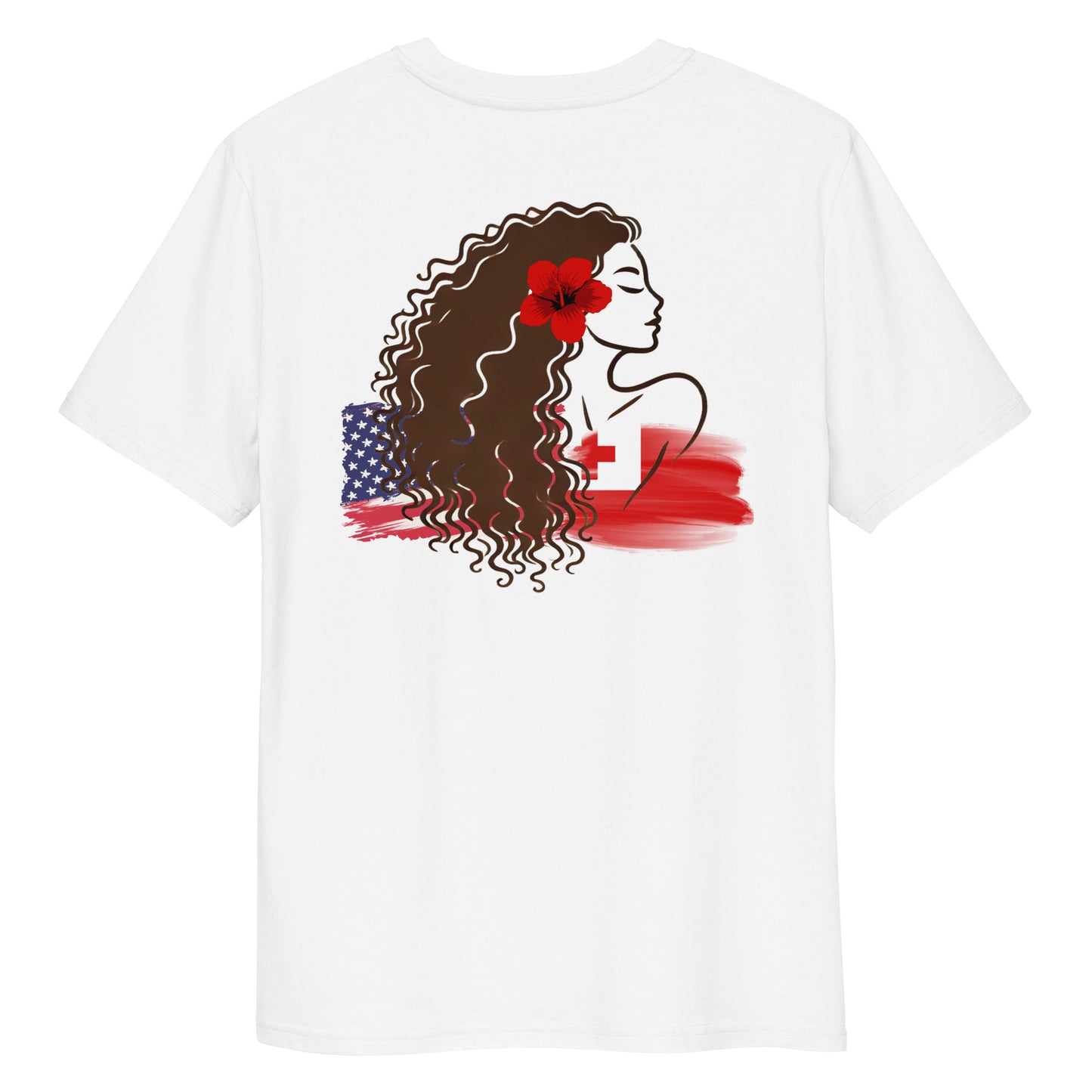 Unisex white tshirt with Tongan flag and American flag covering a woman with a Sei in her hair.