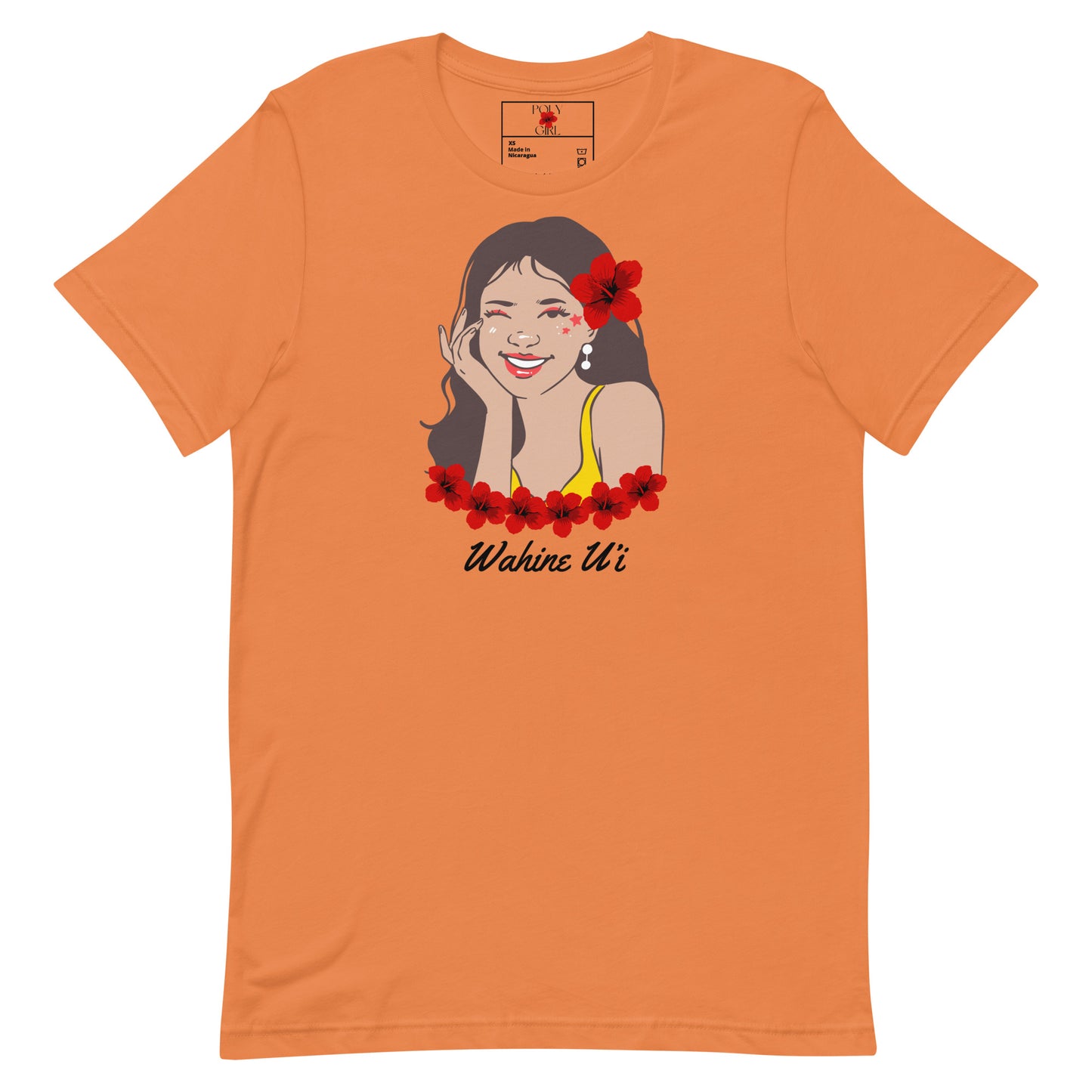 Burnt orange tshirt with a design of a girl with hibiscus flowers in her hair and outline of image with the words "Wahine U'i" or beautiful girl in Hawaiian.